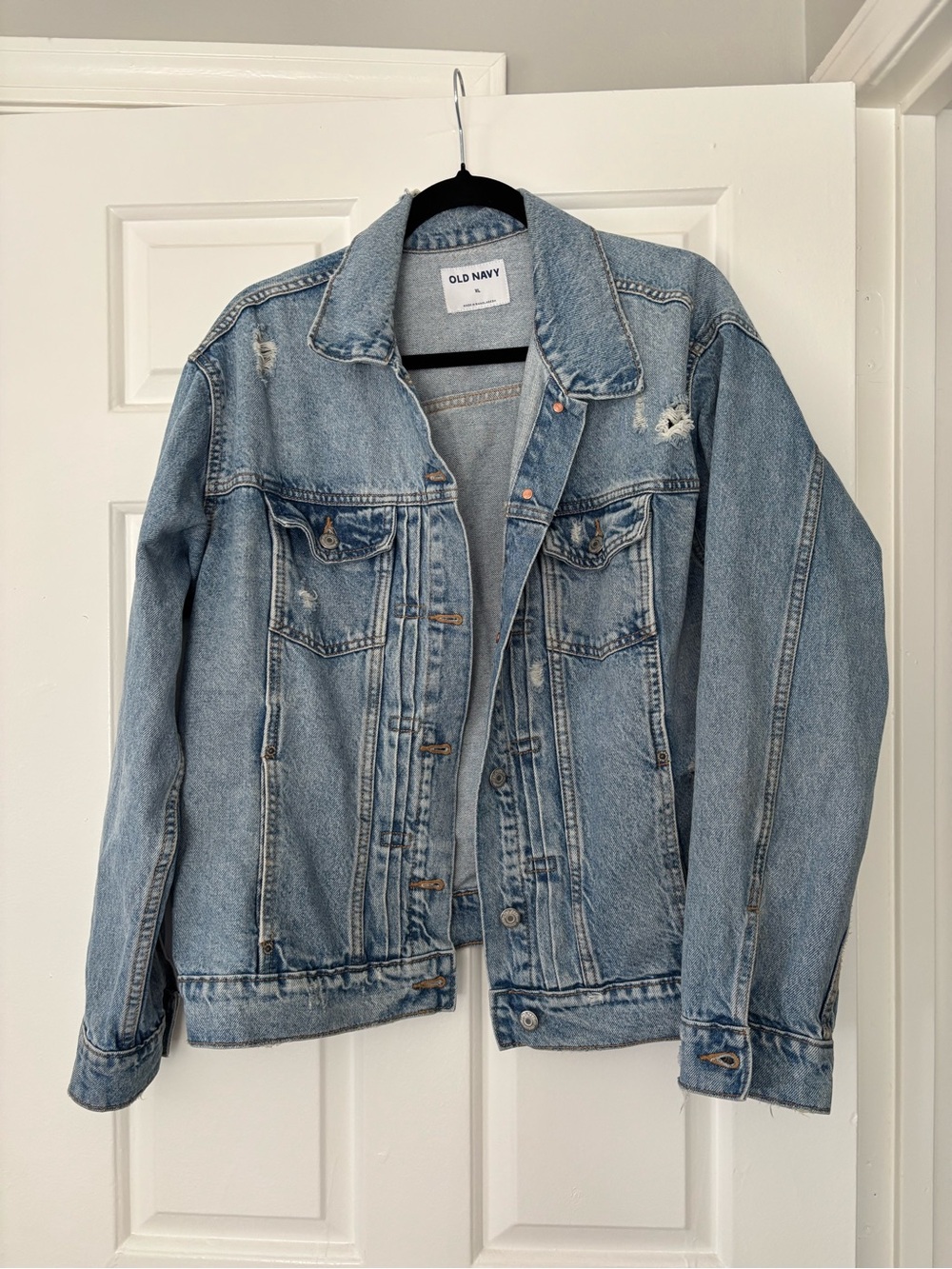 Old Navy Light Blue Distressed Denim Jacket - 100% Cotton - Size XL - Like New